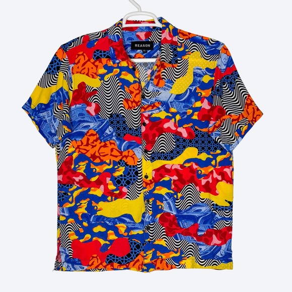 Reason Crazy Wavy Short Sleeve Woven Top Mens XL Multi Dollar Abstract Print - Picture 2 of 8